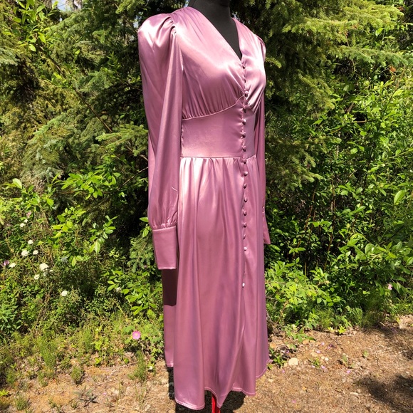 A-line V-neck Long Satin Dresses with Pockets Vintage Mauve